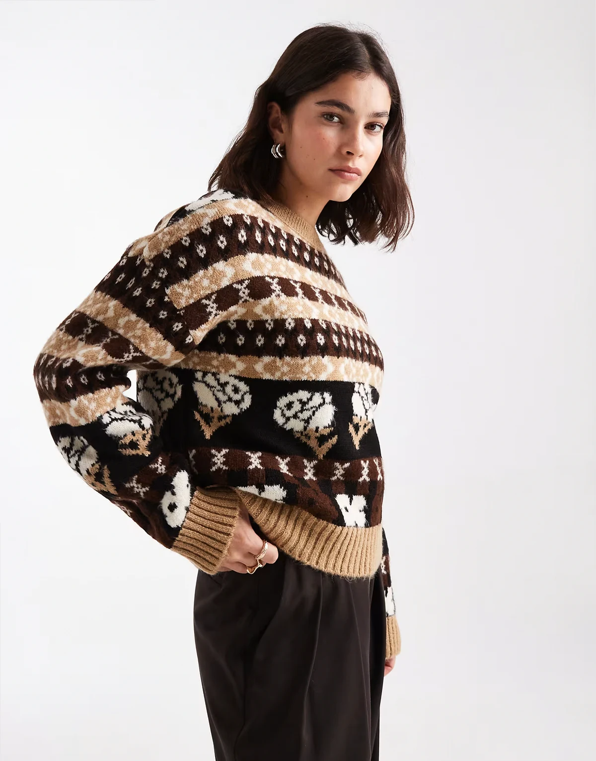 Fairisle patterned sweater in brown and buttermilk