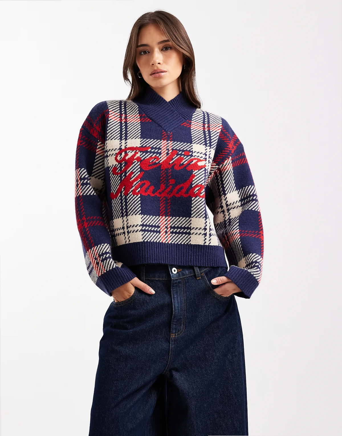 plaid Feliz Navidad boxy high v-neck sweater in navy