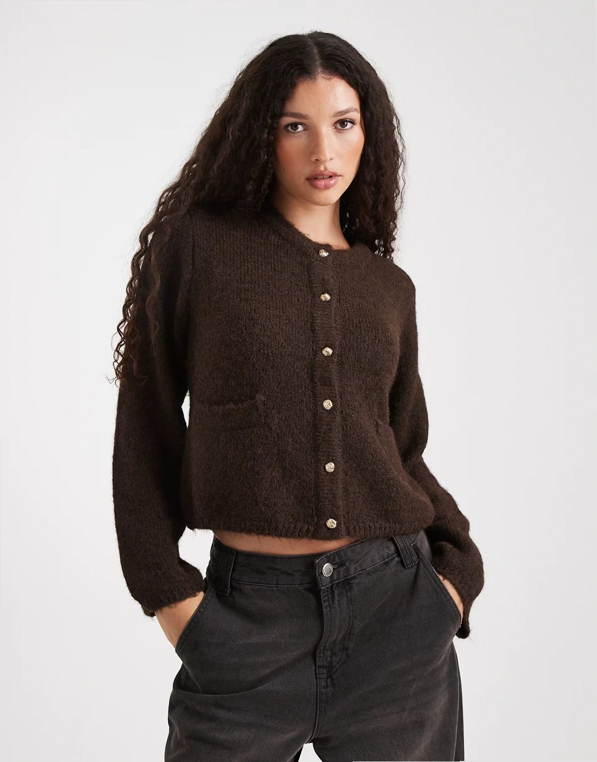 slouchy cardigan with gold buttons in chocolate brown