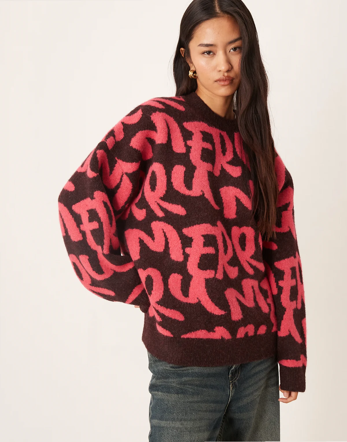 oversized merry graphic sweater in dark brown