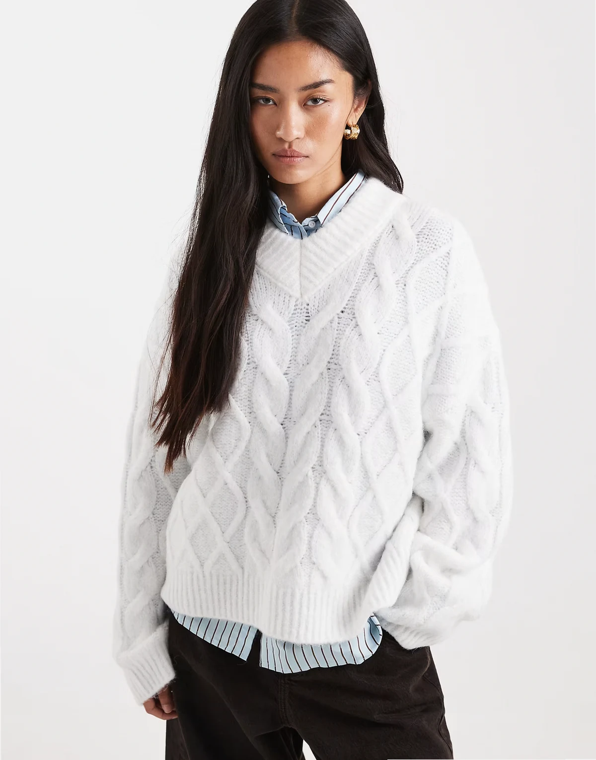 boxy high V-neck cable sweater in cream