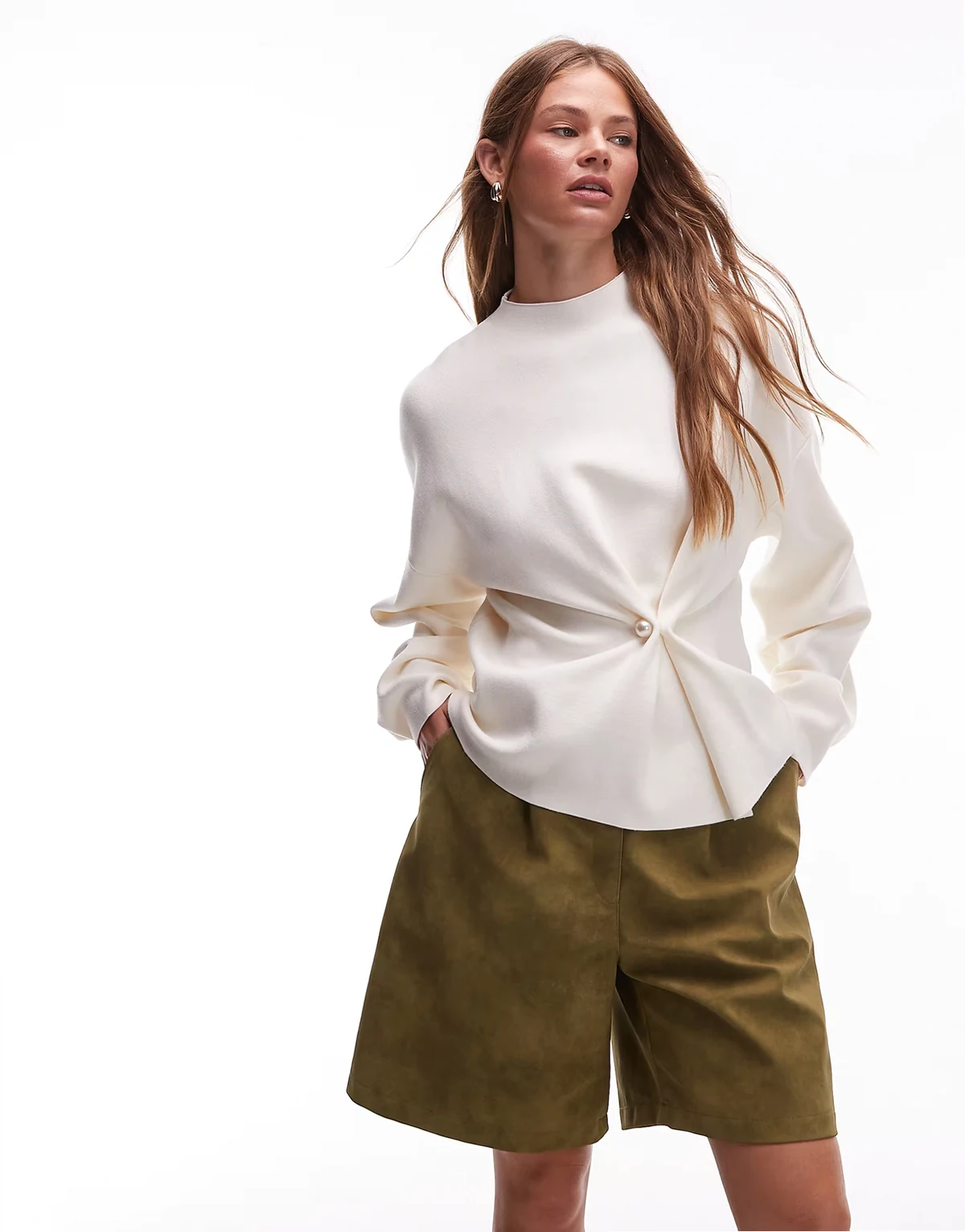 compact knit sweater with asymmetric gathered faux pearl detail in white