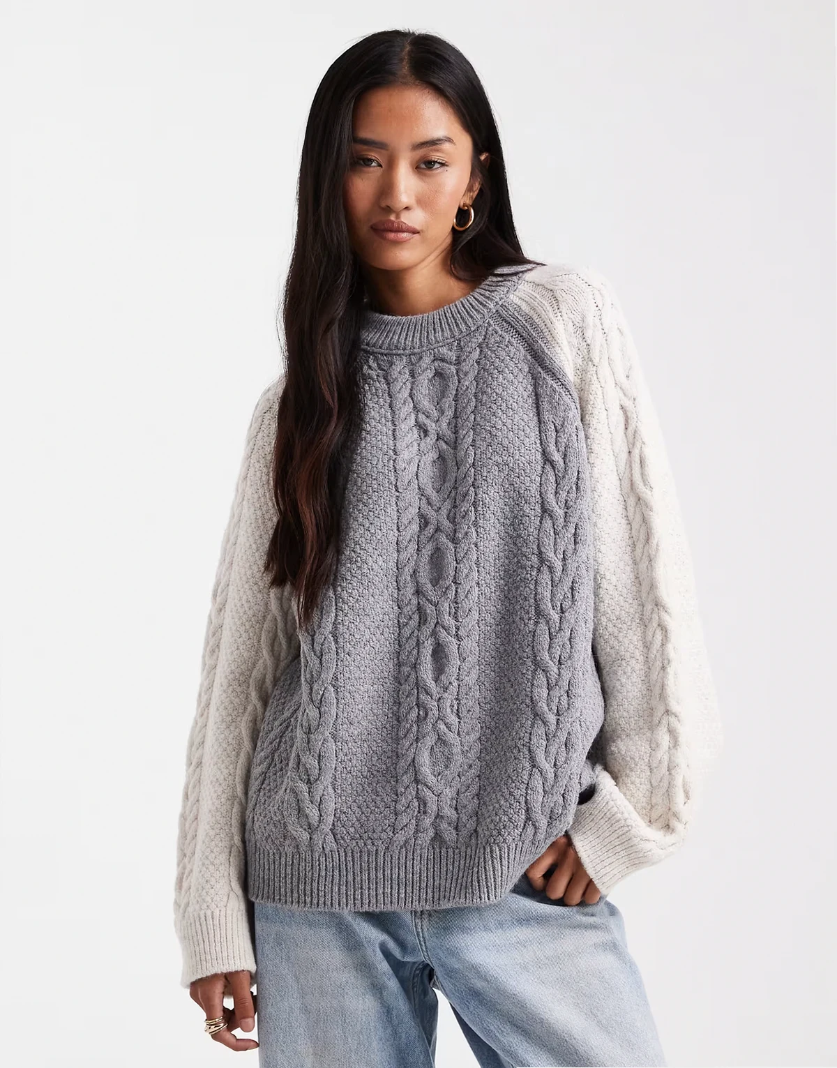 color block mixed cable knit sweater in gray and cream