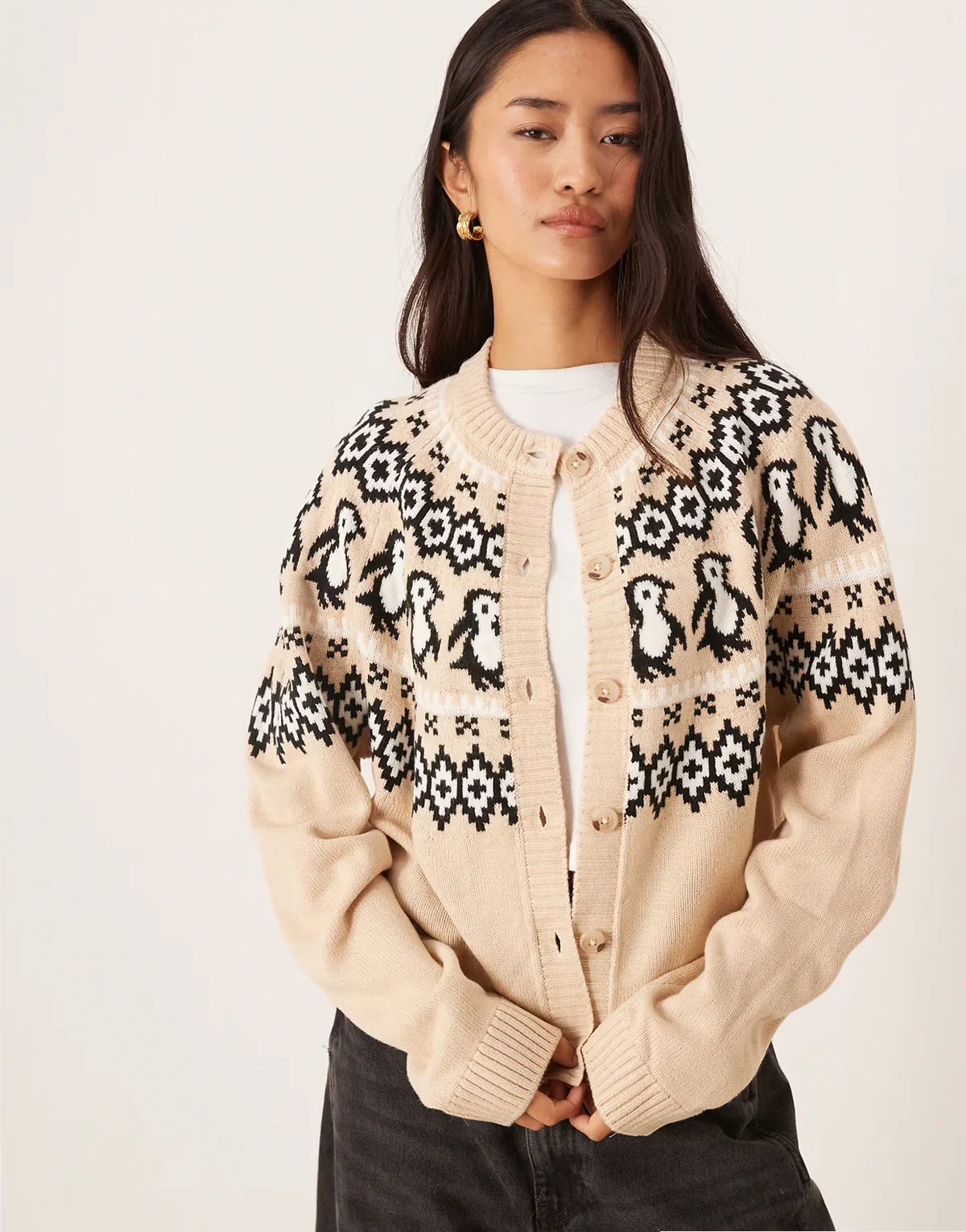 penguin detail yoke cardigan in beige