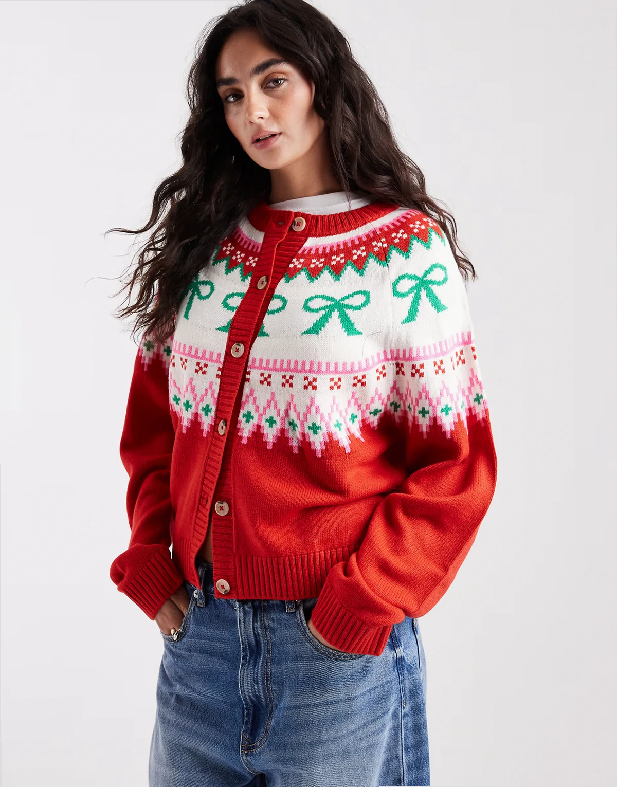 bow detail yoke cardigan in red