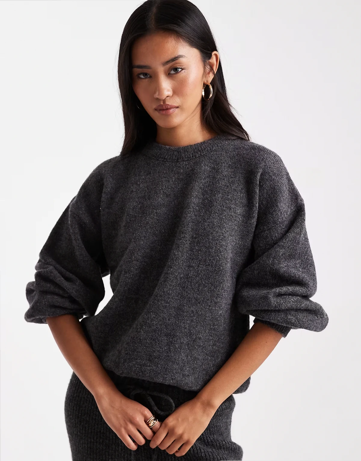 blouson sweater with tie hem in charcoal - part of a set