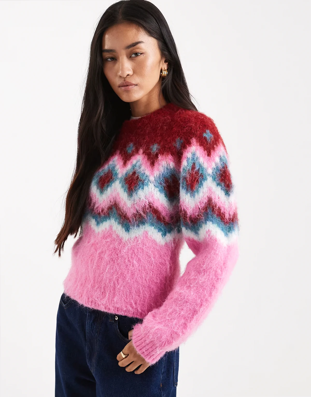 power shoulder Fairisle brushed sweater in pink
