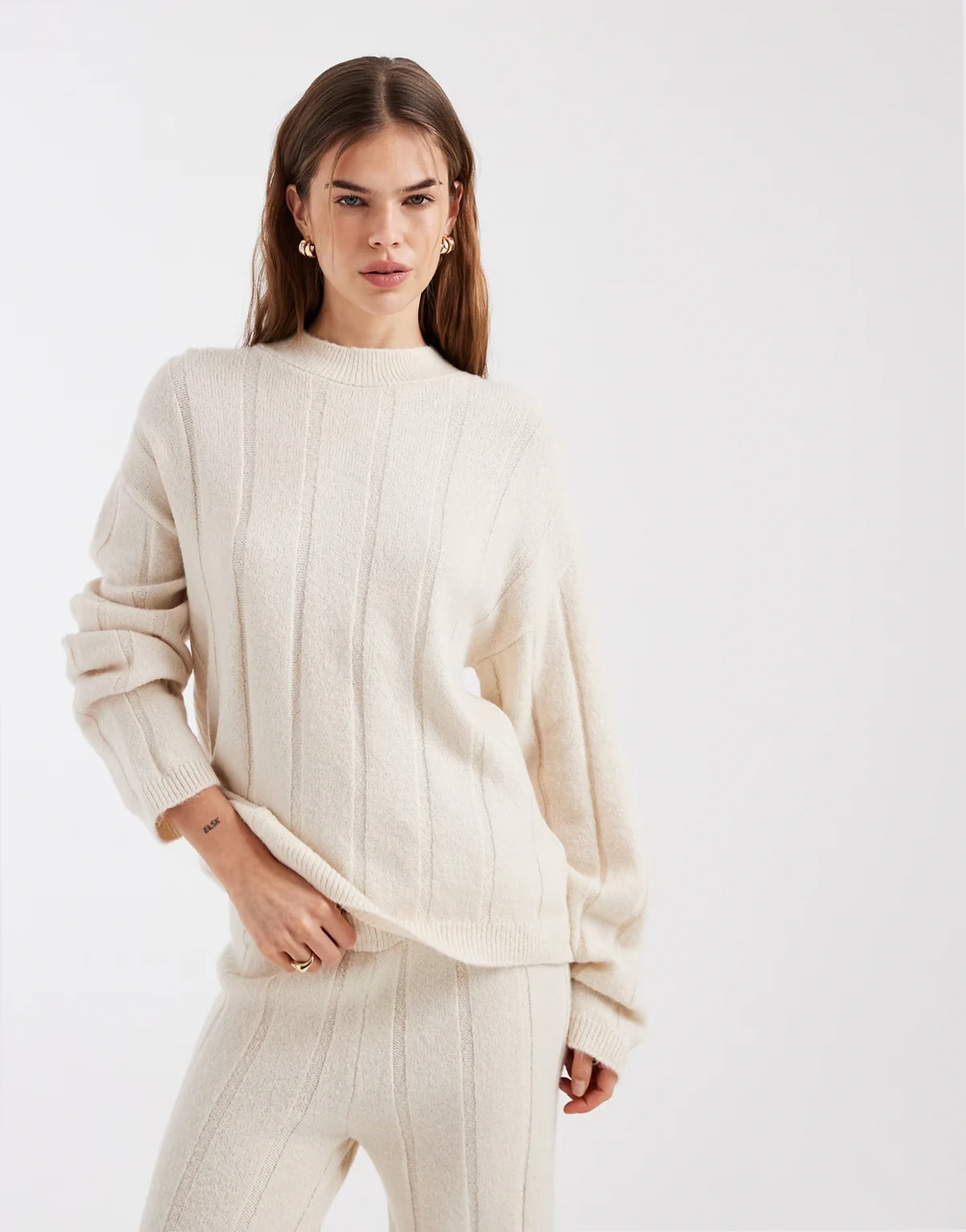 fluffy rib knit sweater in ecru - part of a set