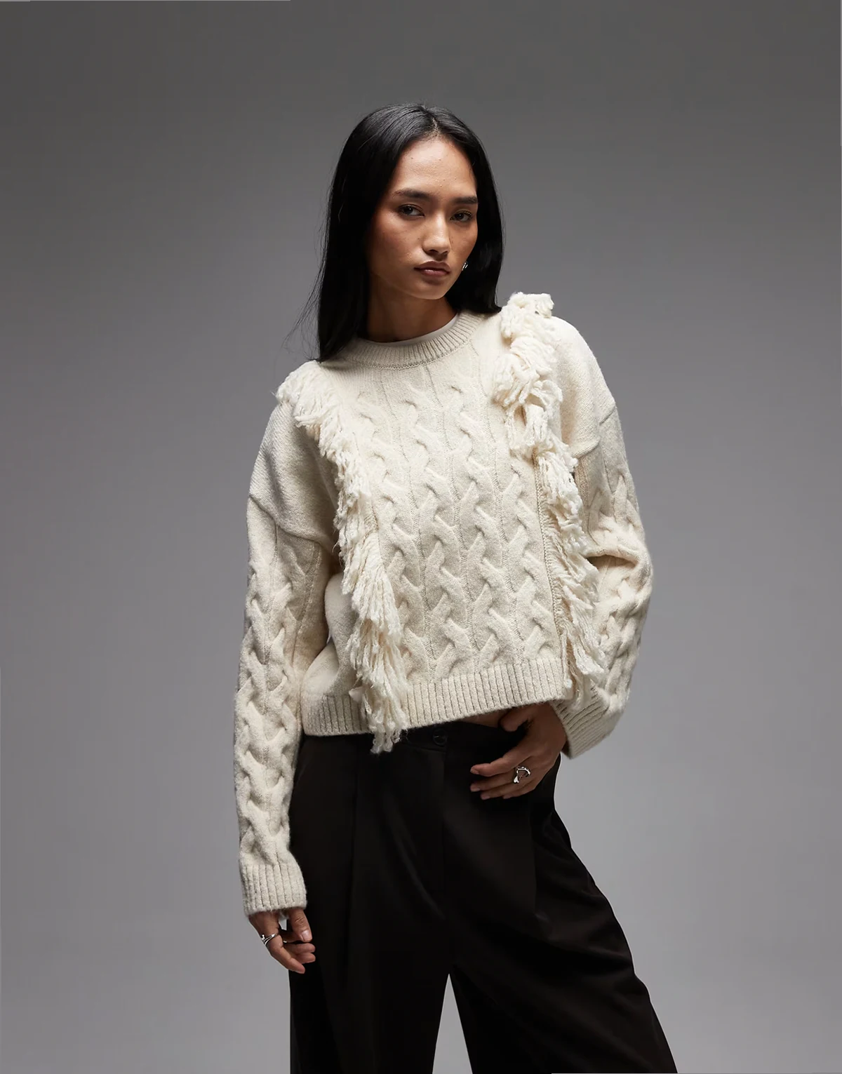 fluffy tassel cable knit sweater in ecru
