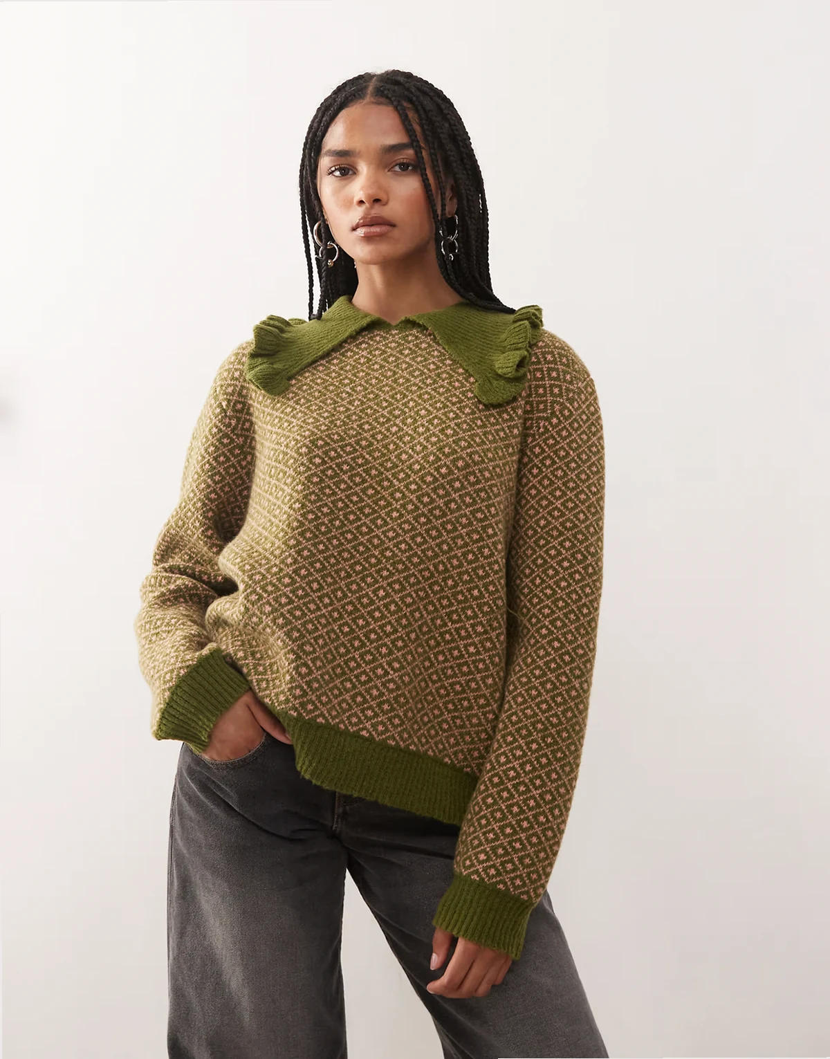 boxy fit knit sweater with collar in green and pink print
