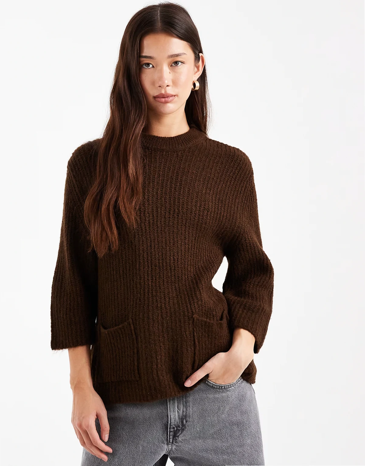 knit sweater with patch pockets in brown