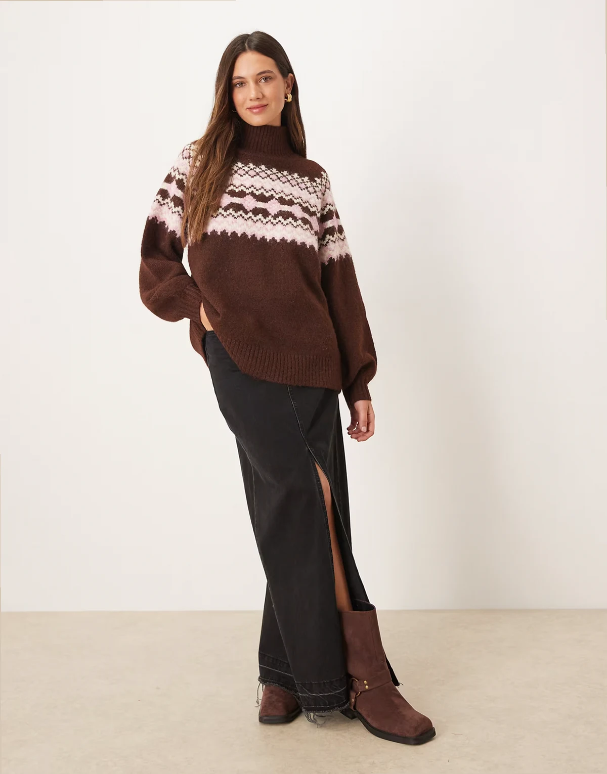 high neck yoke placement sweater in chocolate