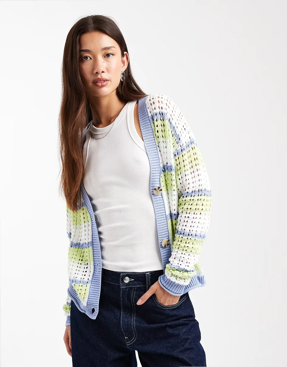 open knit cardigan in blue stripe
