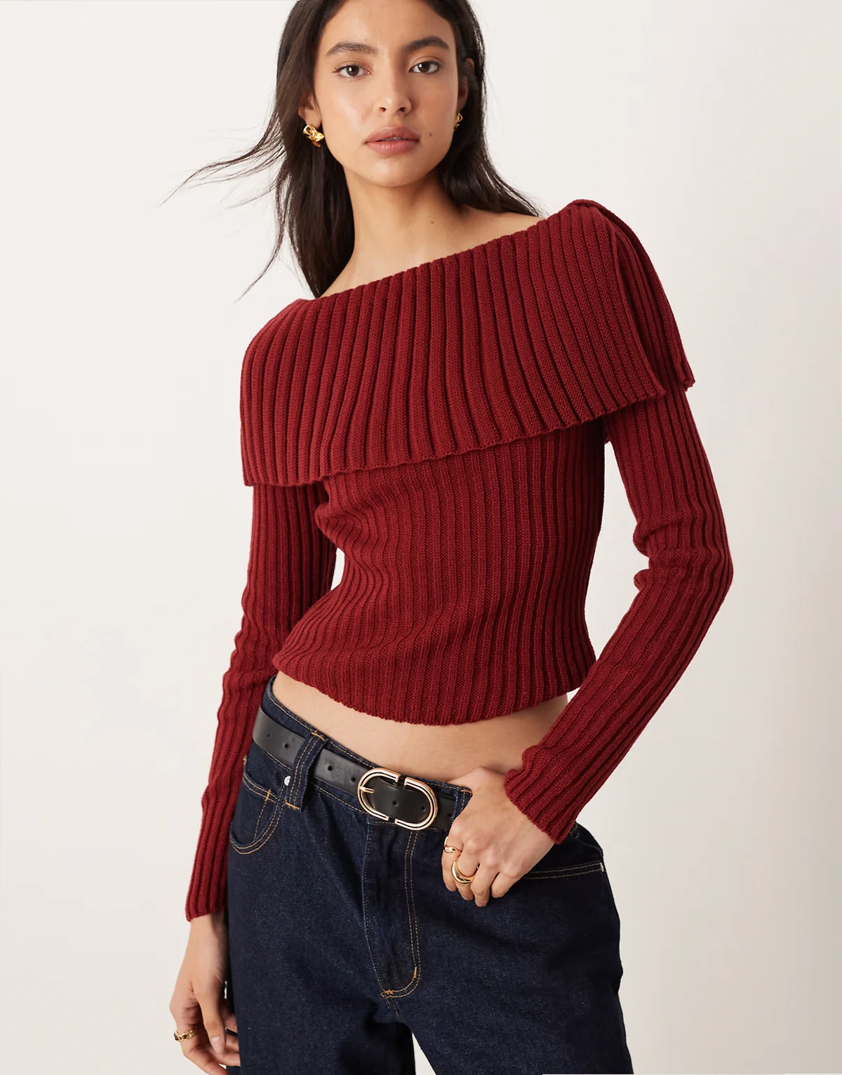 rib bardot sweater in burgundy