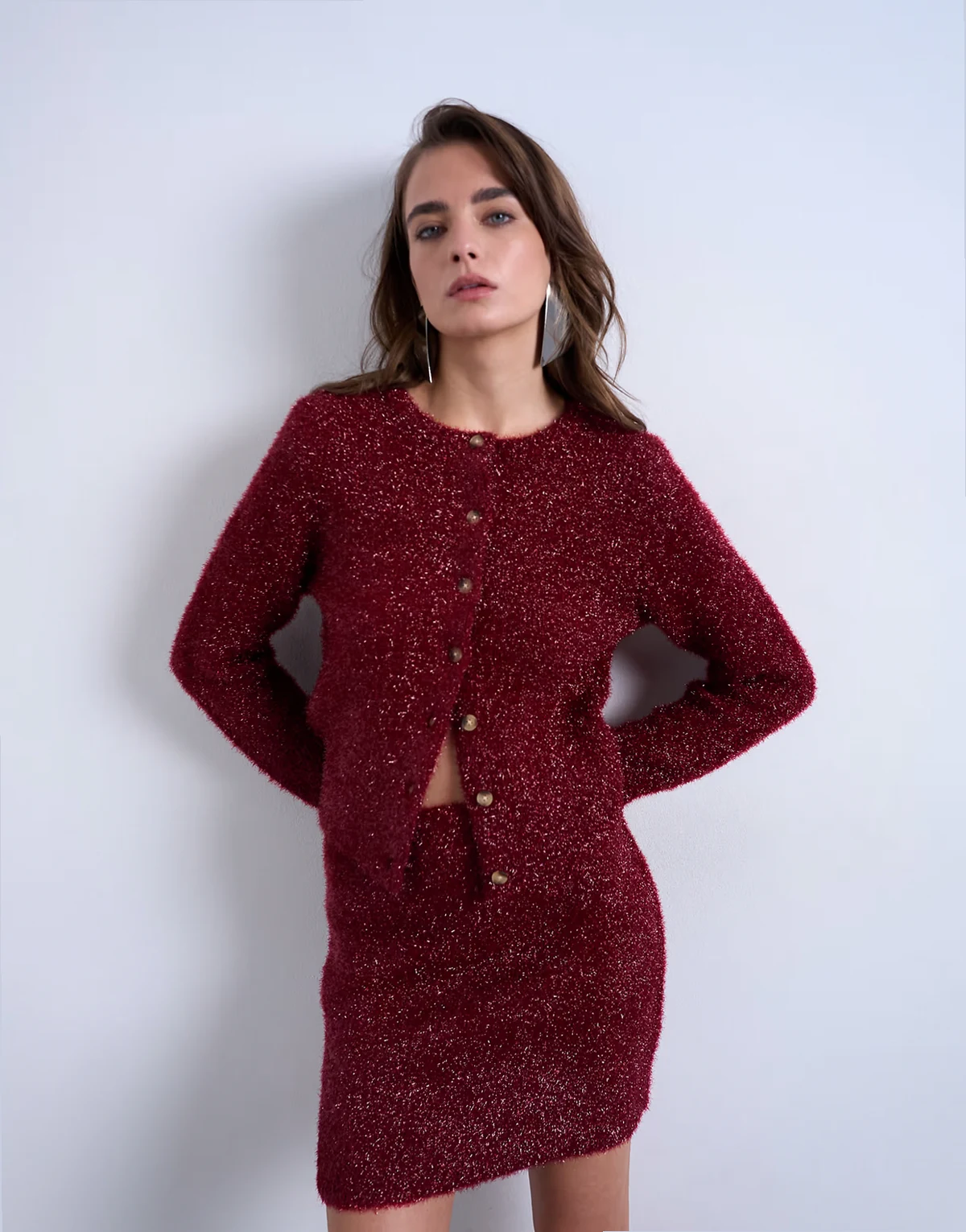 knit tinsel cardigan in burgundy