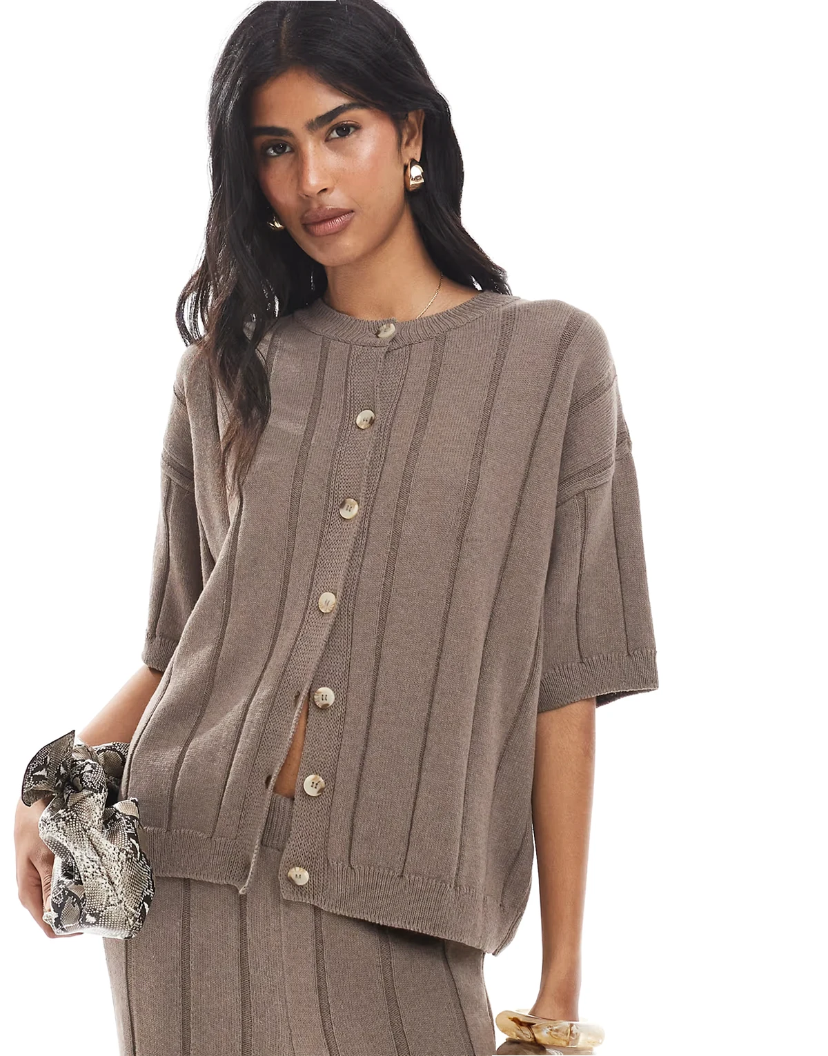 knit cotton cardigan in mocha - part of a set