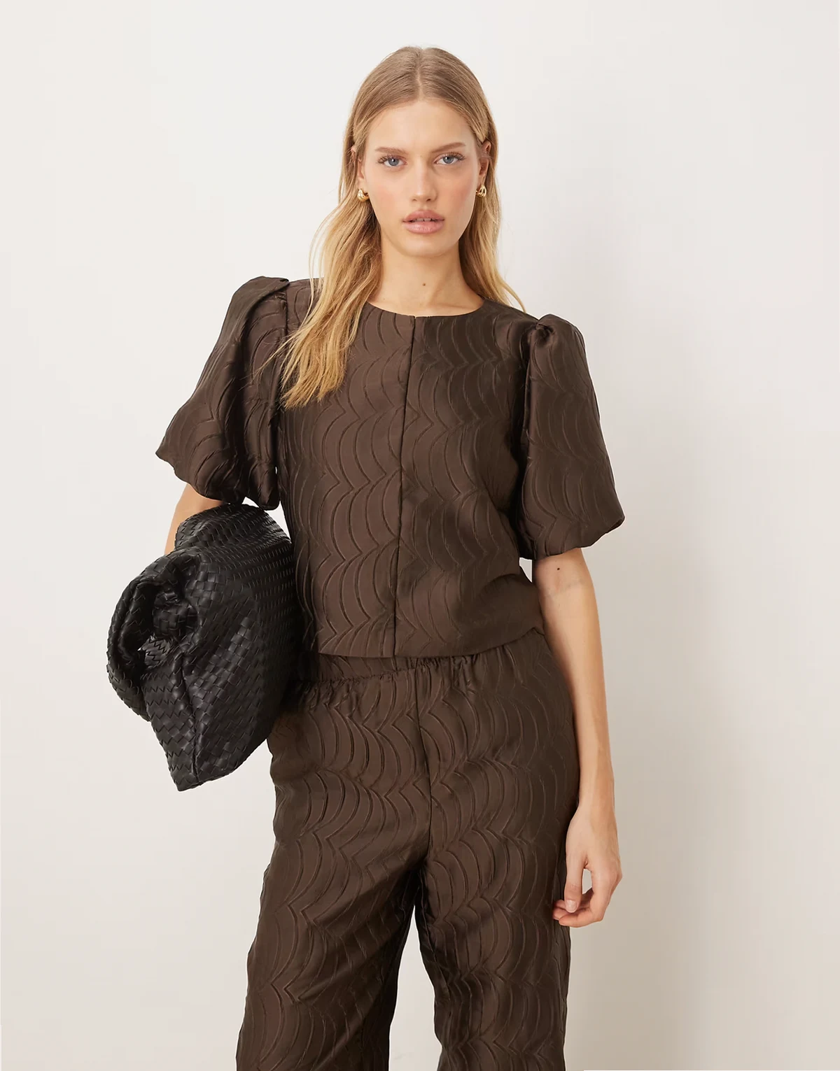 premium textured puff sleeve top in chocolate brown - part of a set