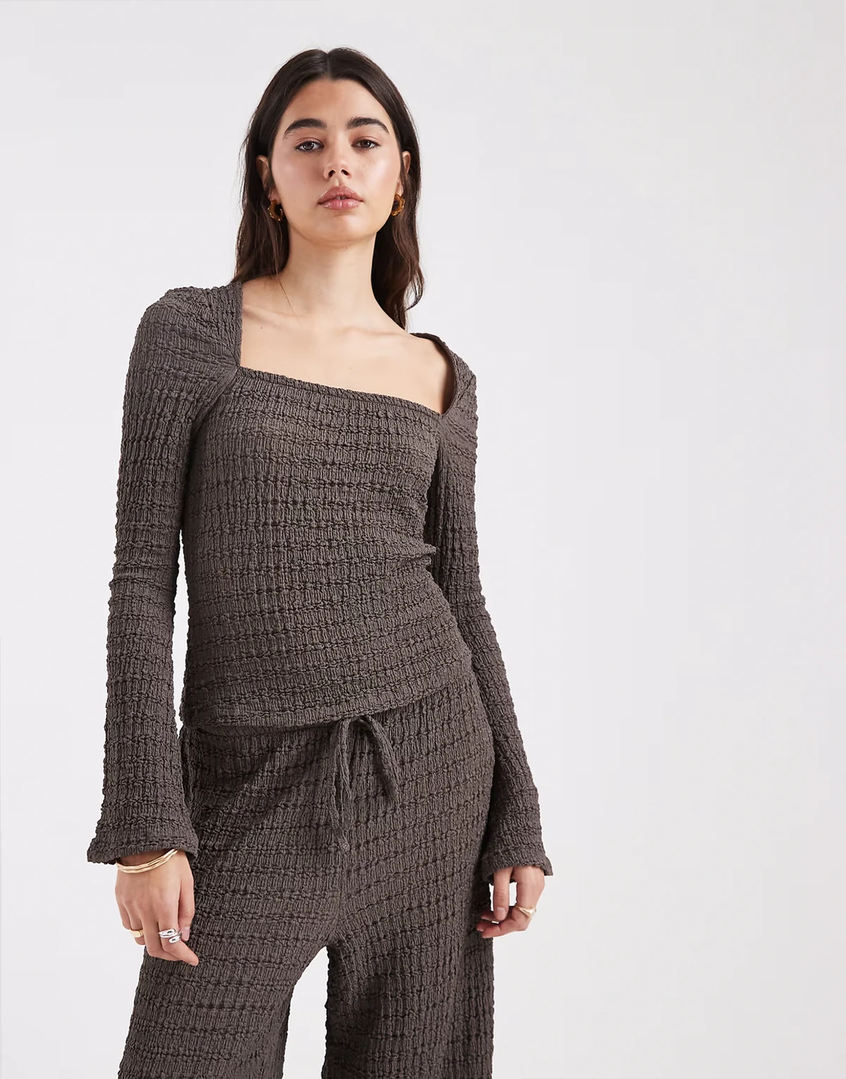 mix & match textured square neck flare sleeve top in dark gray
