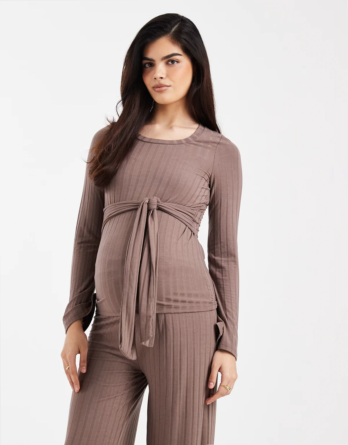 Mamalicious Maternity tie detail long sleeve ribbed top in light brown - part of a set