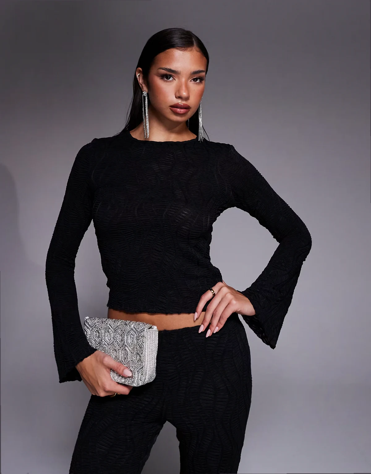 textured flared long sleeve top in black - part of a set