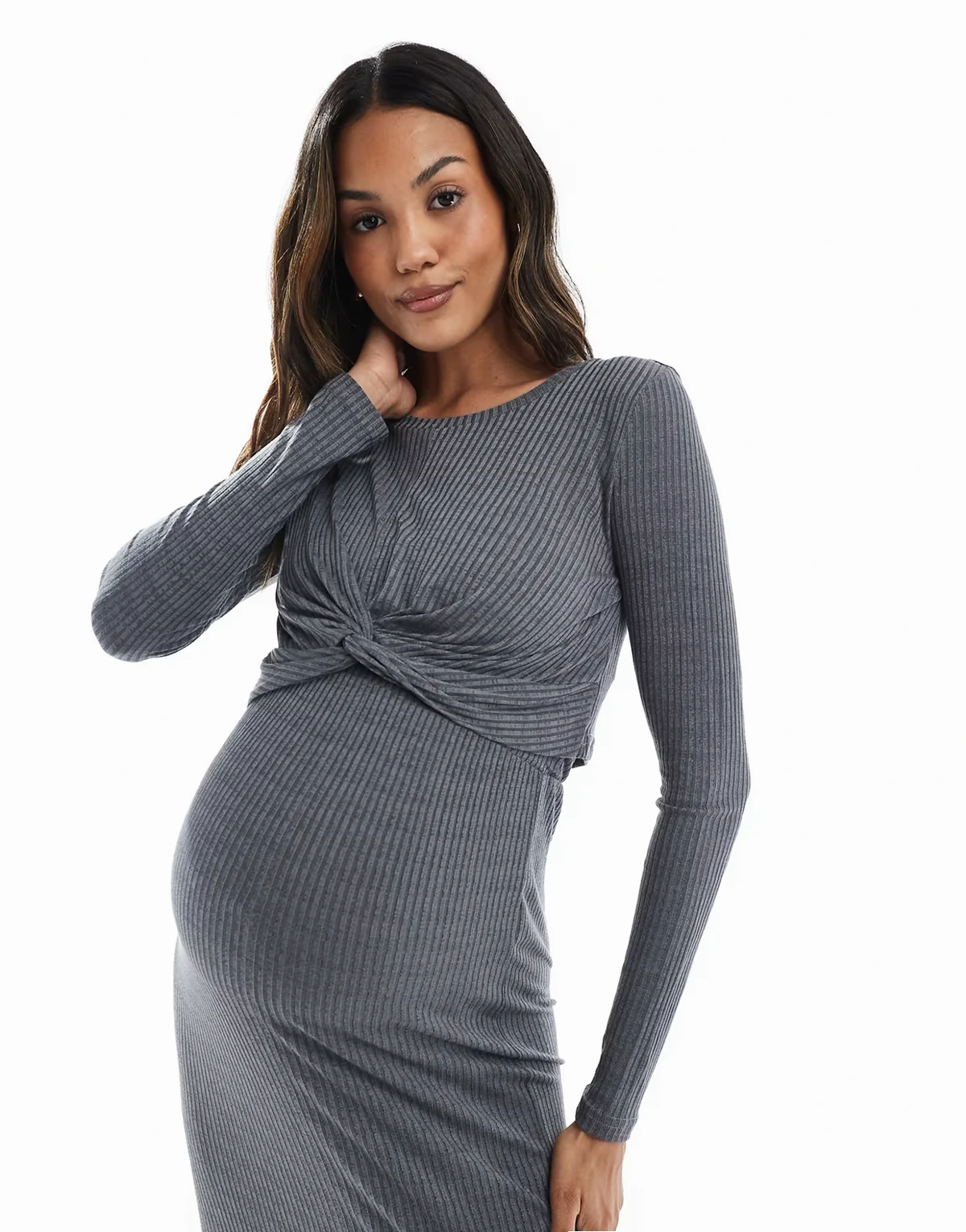 Mamalicious Maternity jersey ribbed knot front top in gray melange - part of a set