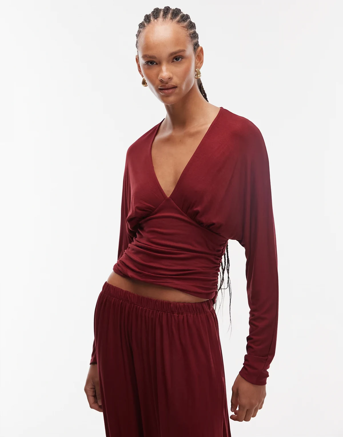slouchy v neck long sleeve with waist detail in burgundy - part of a set