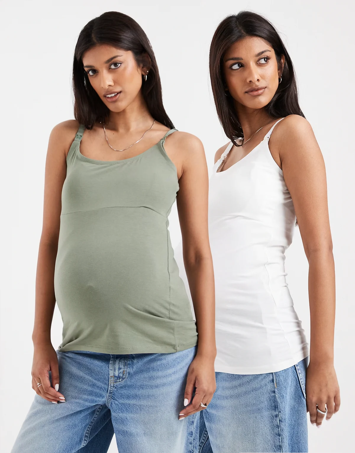 Mamalicious Maternity – 2 Still-Trägertops in Khaki und Weiß mit 2 Stillfunktionen