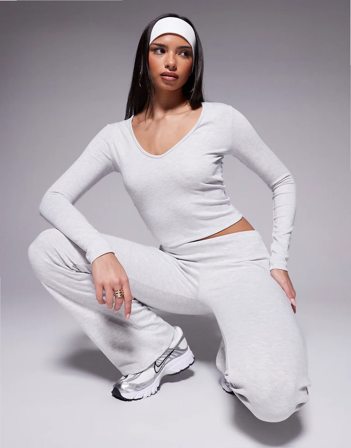 exclusive v-neck long sleeve top in light gray - part of a set