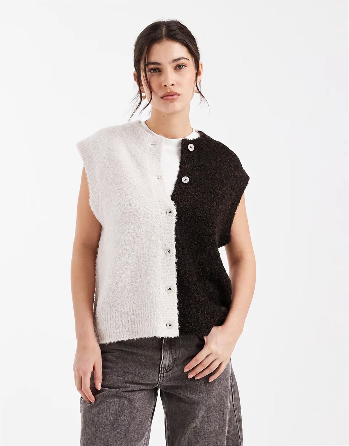 contrast bouclé knit sweater vest in chocolate and cream