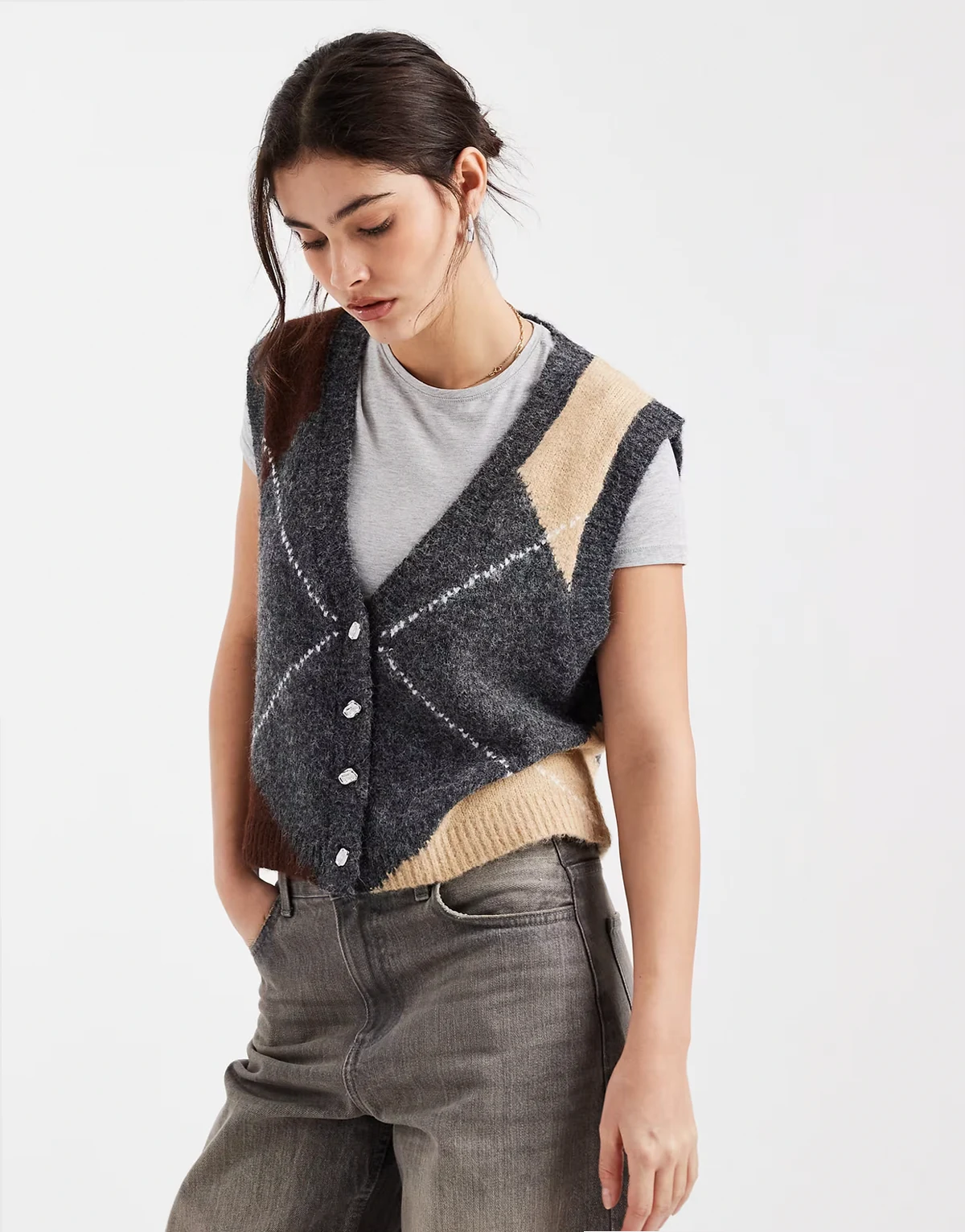 v-neck button front knit sweater vest in neutral argyle plaid print
