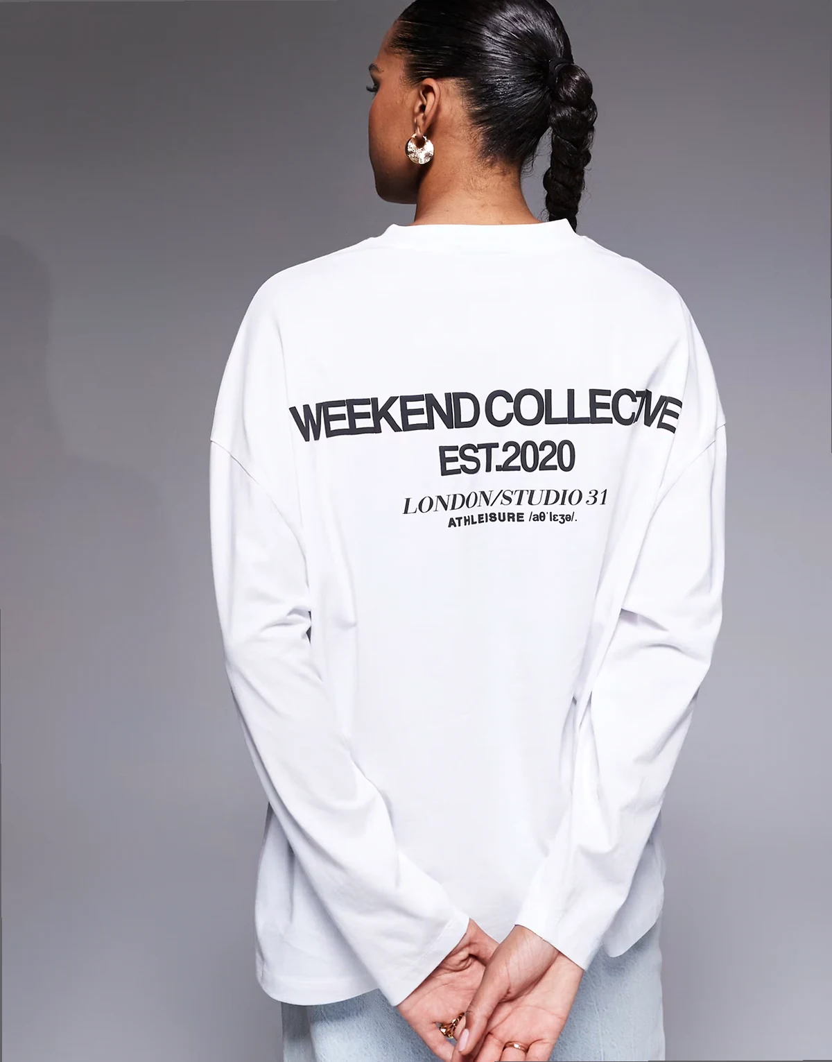 Weekend Collective Icon oversized long sleeve T-shirt with bold font back graphic in white