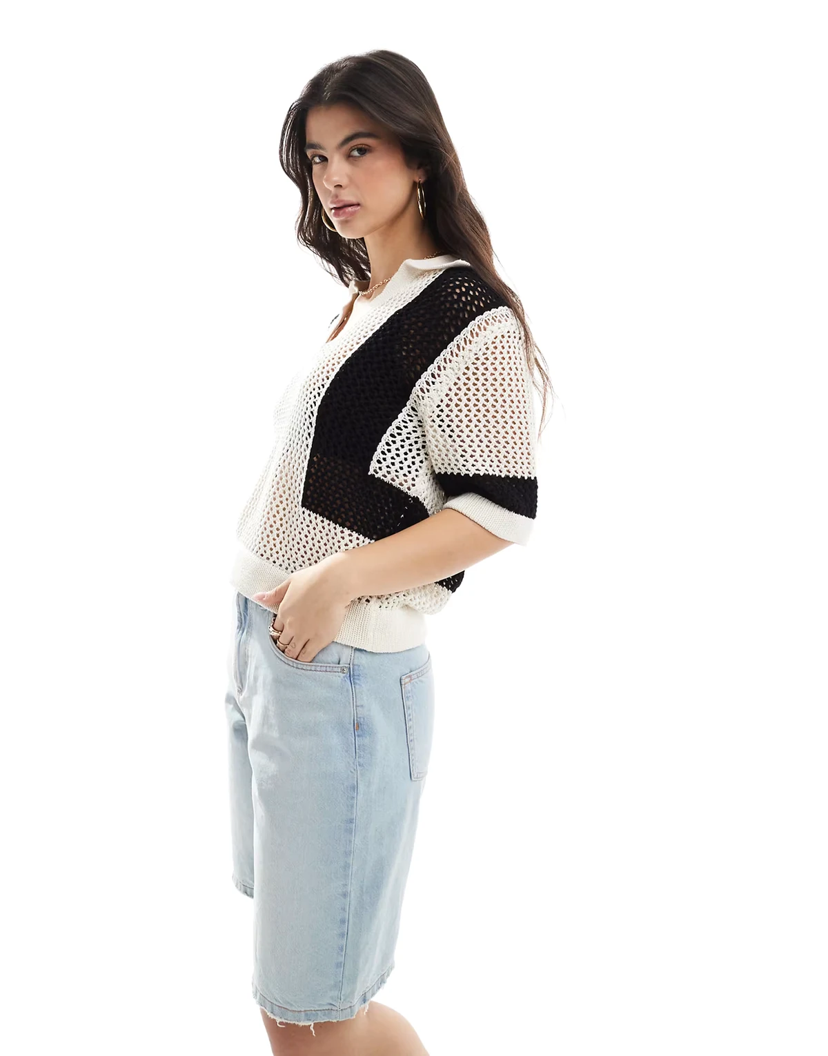 crochet knit shirt in cream and black