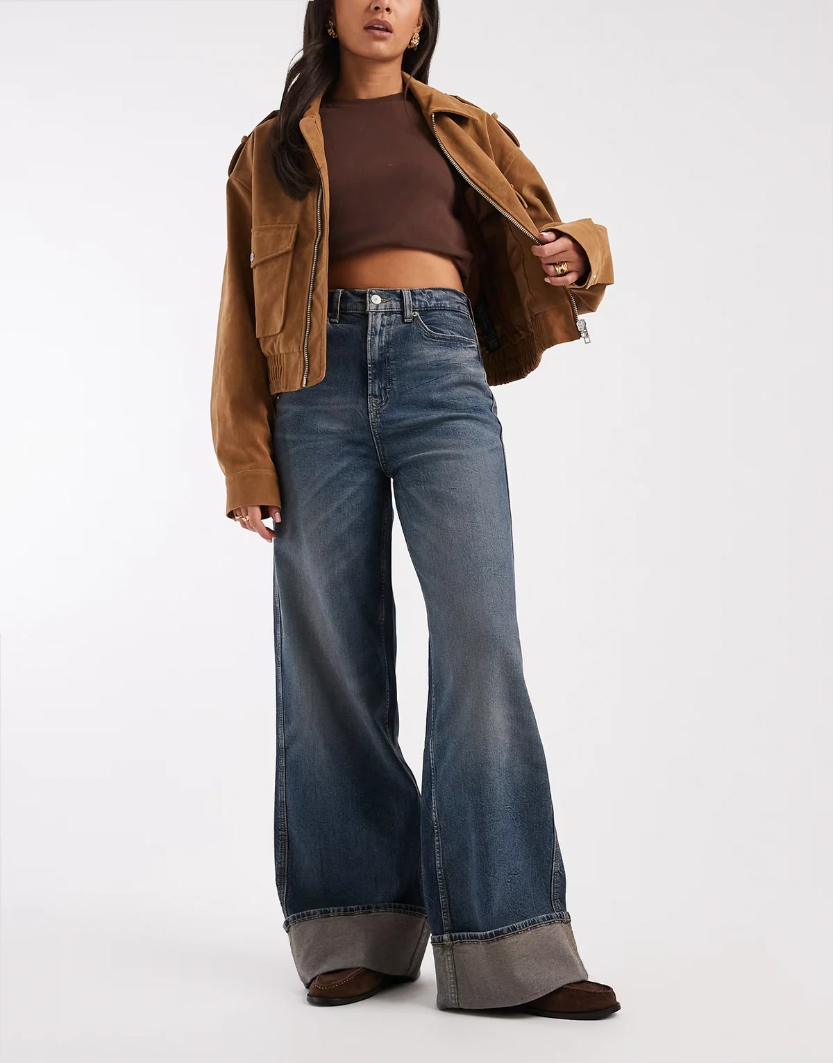 Claire turn up wide leg jeans in faded dark wash