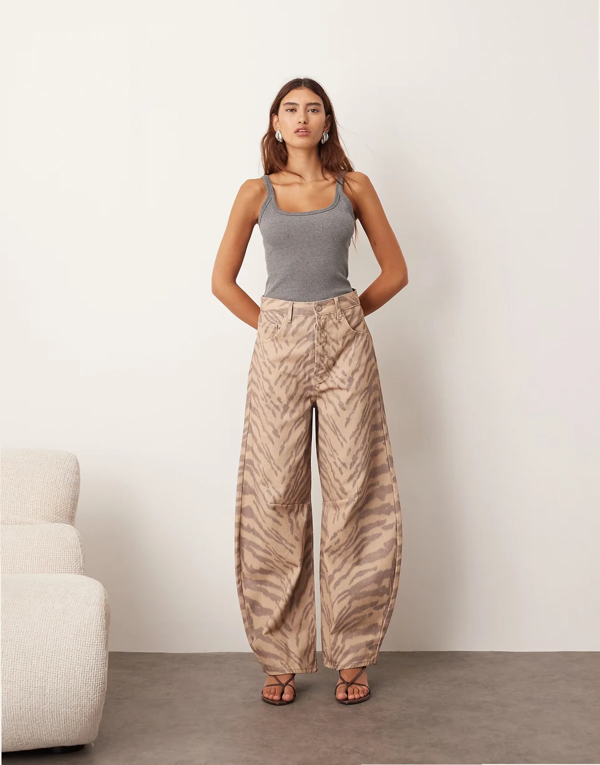 Sydney denim barrel leg jeans in natural tiger print