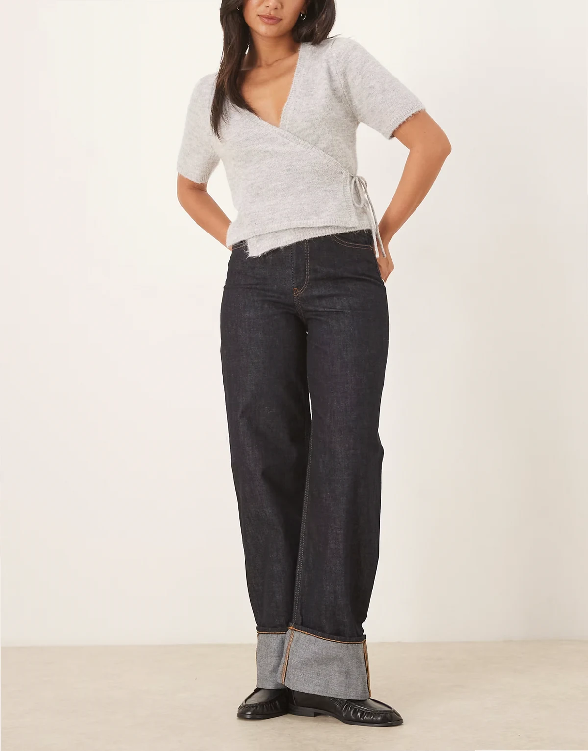 Tokyo wide leg jeans with fold up detail in dark denim