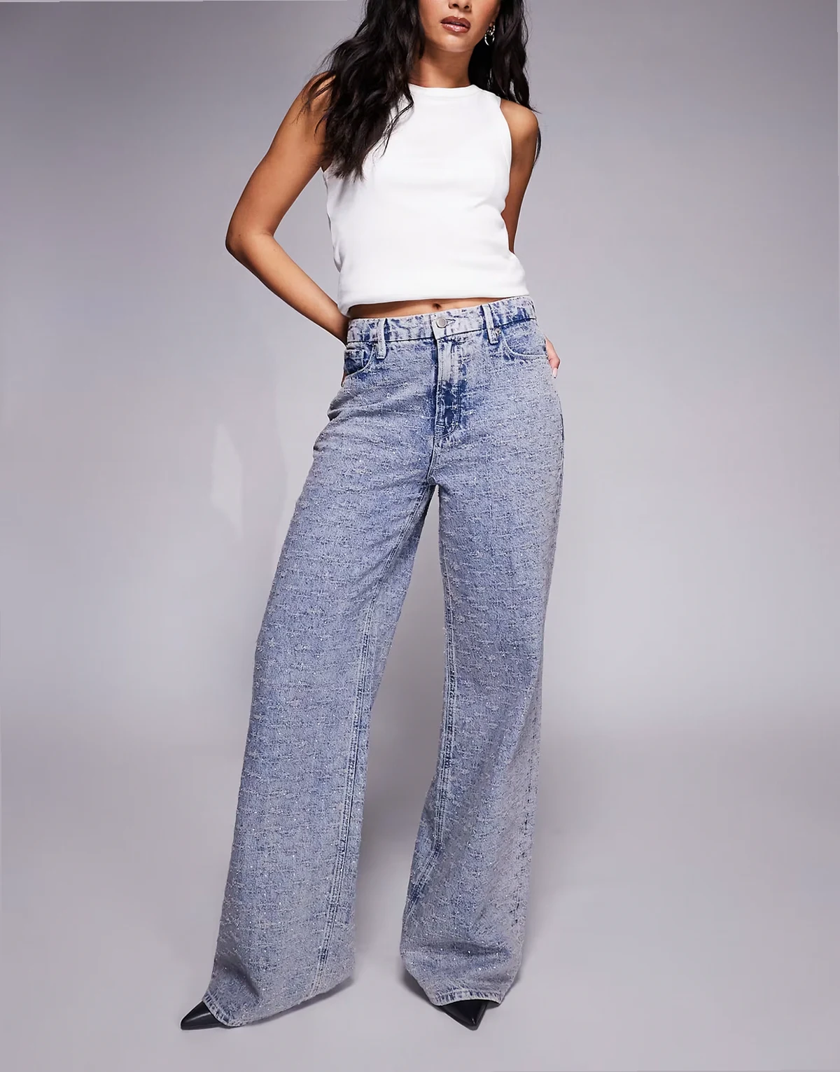 good standard straight crystal embellished jeans in mid blue wash
