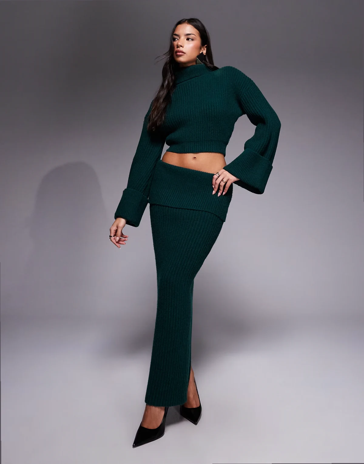 Exclusive Mabel deep fold-over waistband maxi skirt in forest green - part of a set