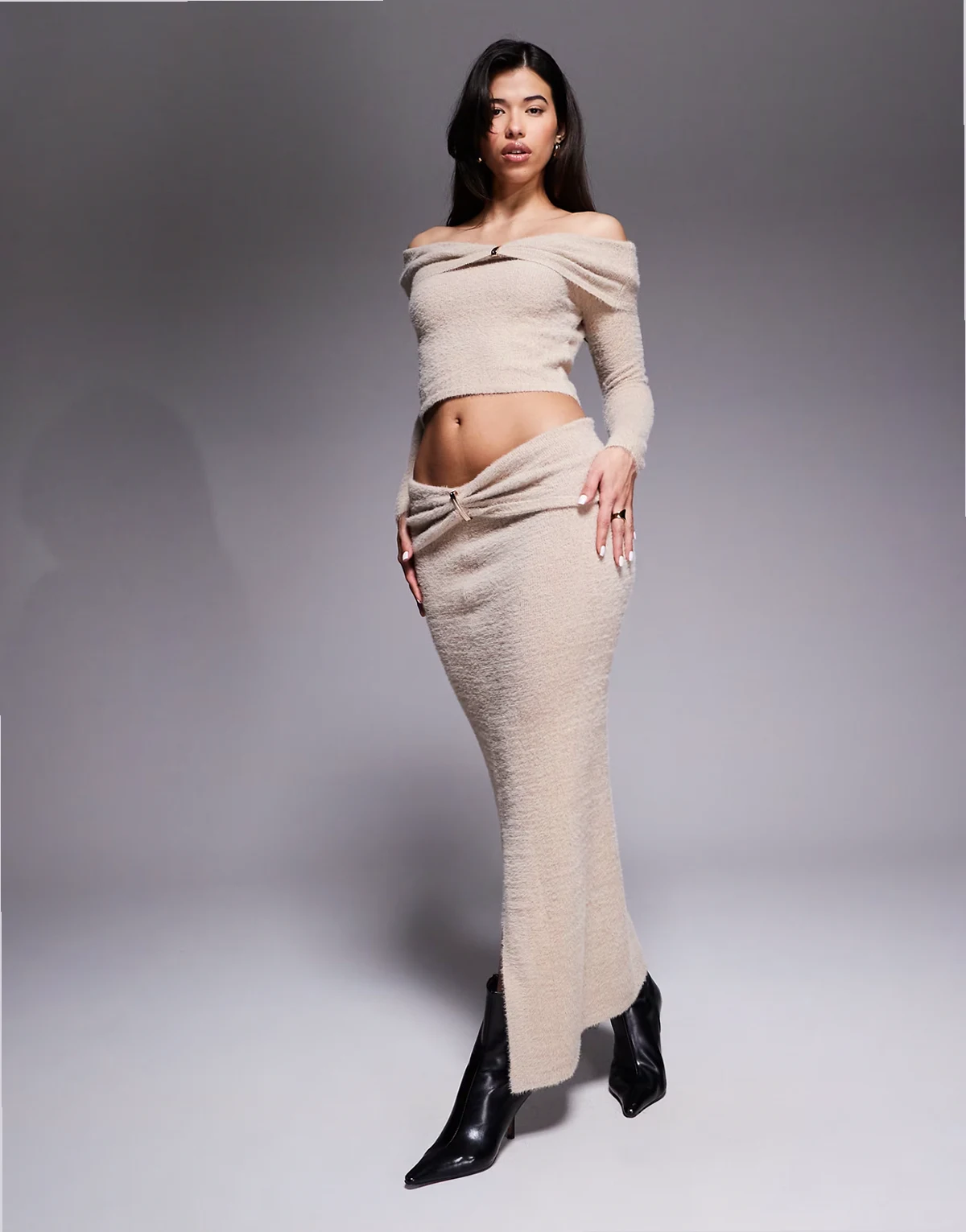 metal detail foldover fluffy knit maxi skirt in beige - part of a set