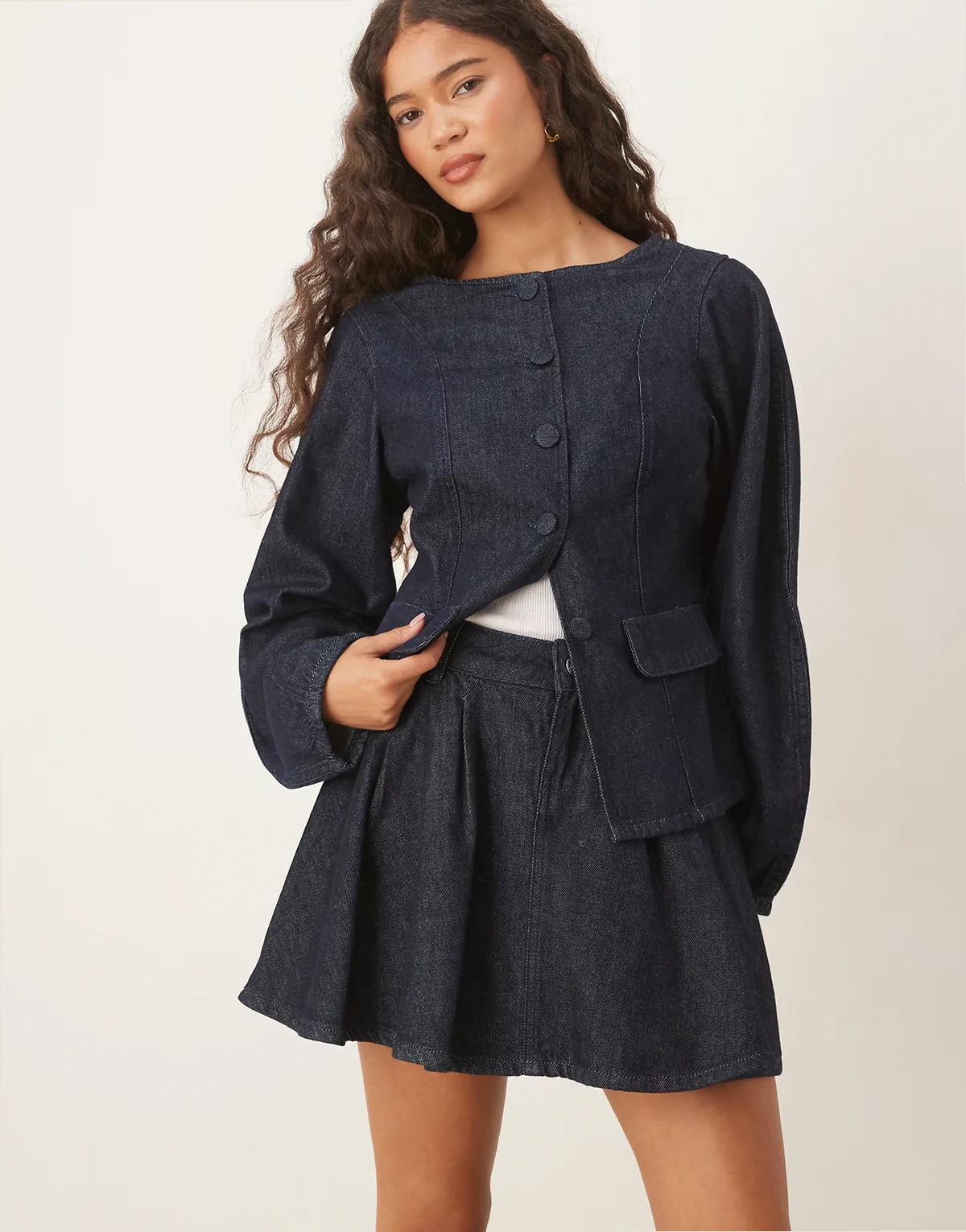 denim pleated mini skirt in rinse - part of a set