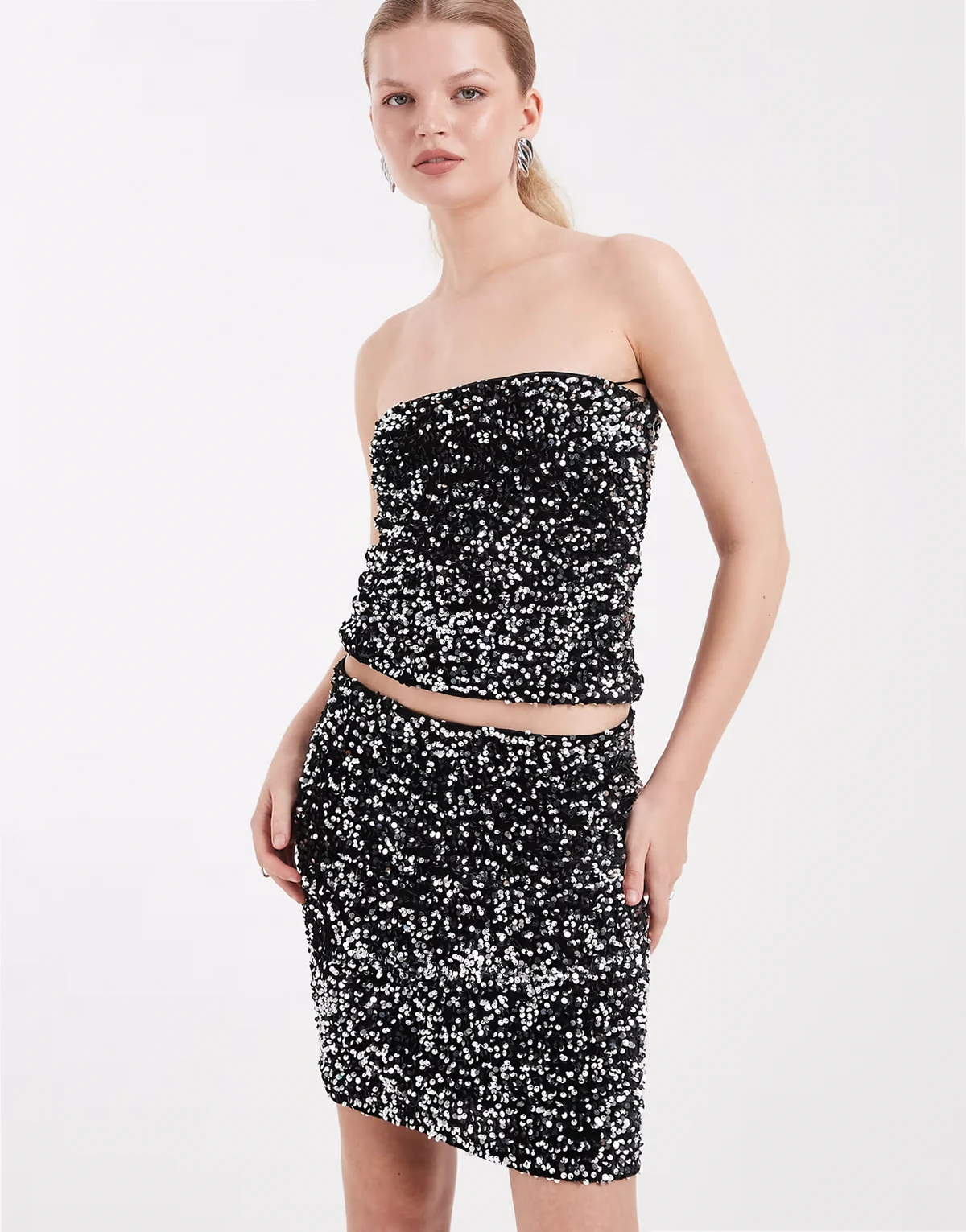 textured sequined mini skirt in black and silver - part of a set
