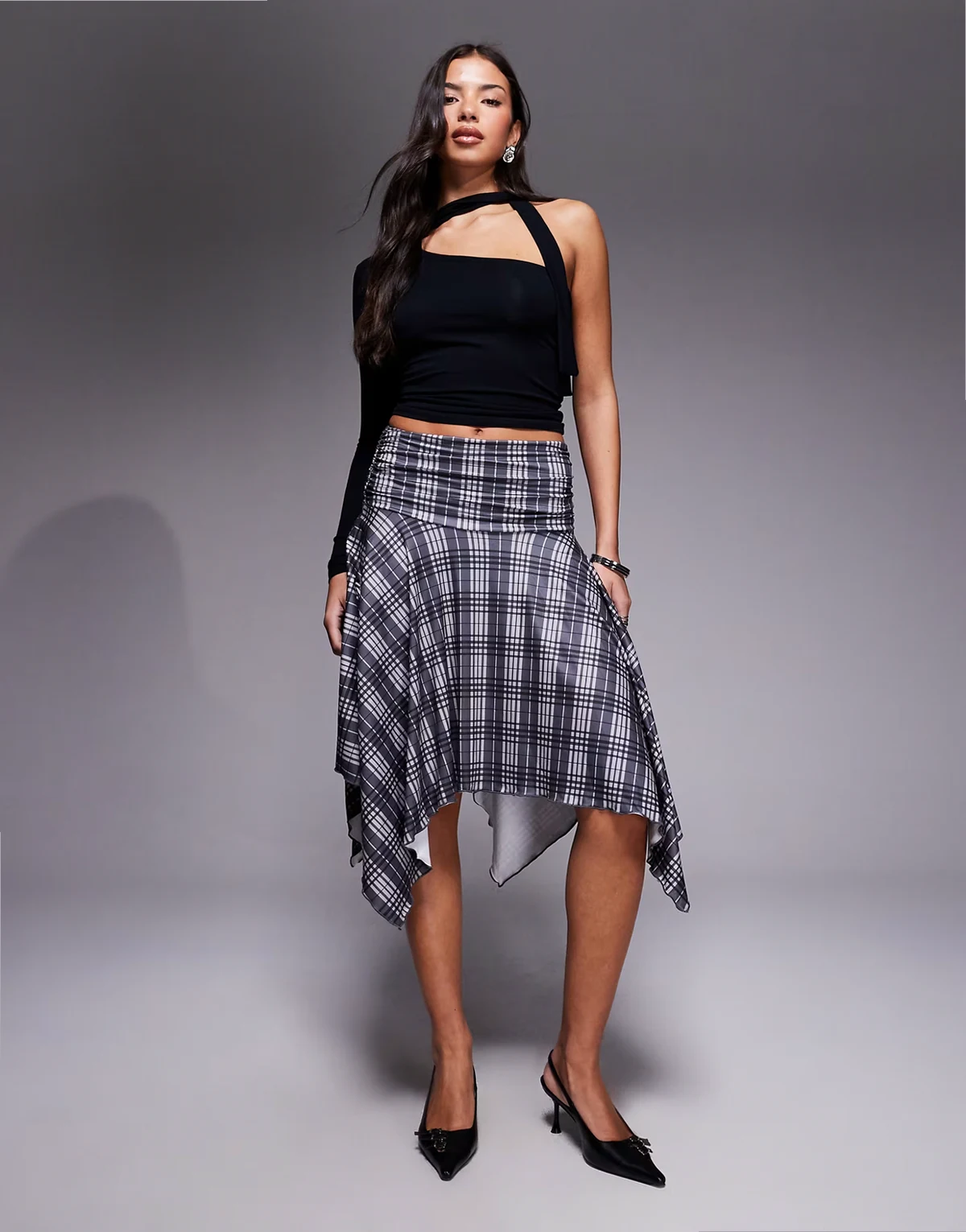 Scholar ruched waist asymmetric hem midi skirt in gray plaid