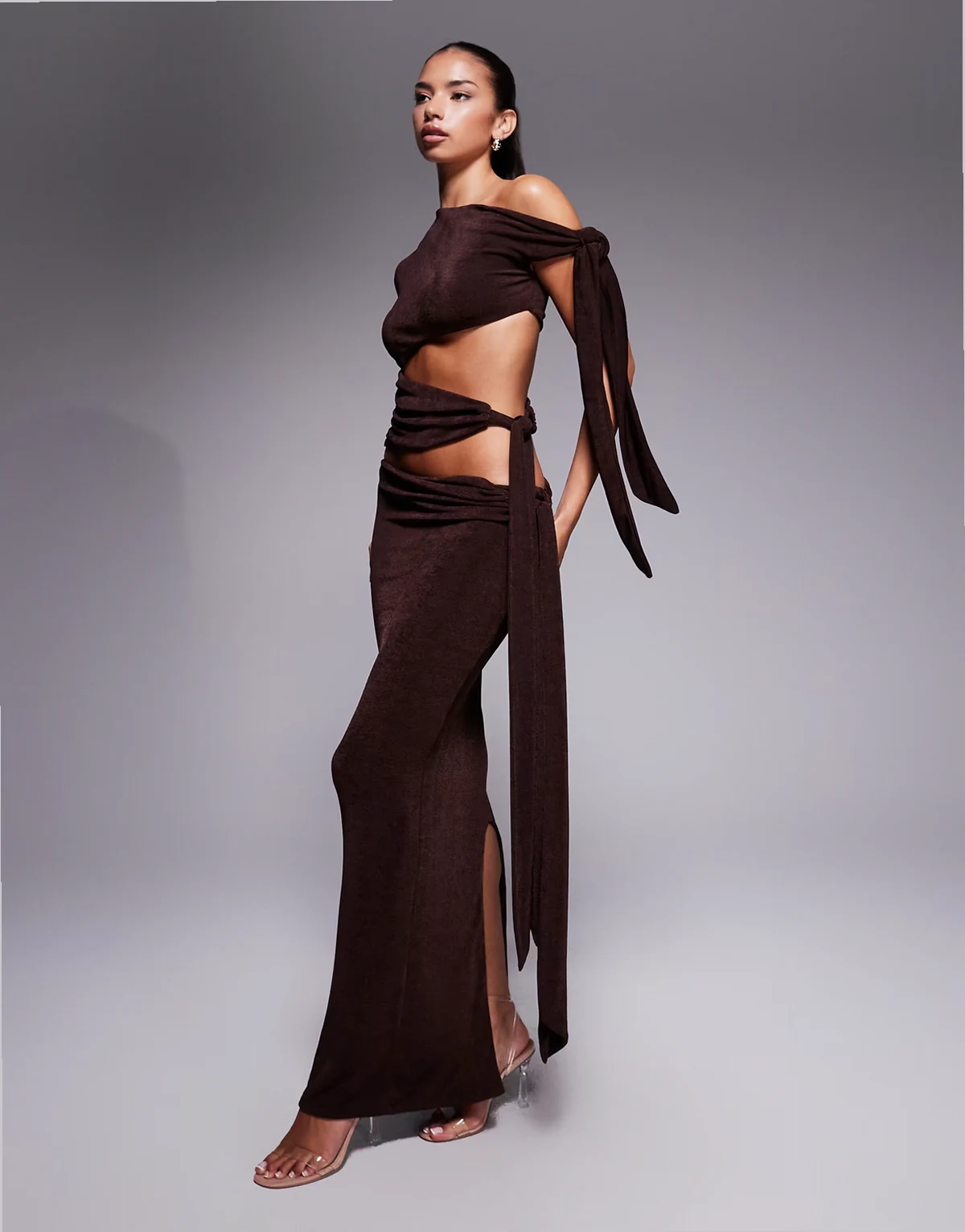 Noa premium textured slinky drape tie side maxi skirt in espresso - part of a set