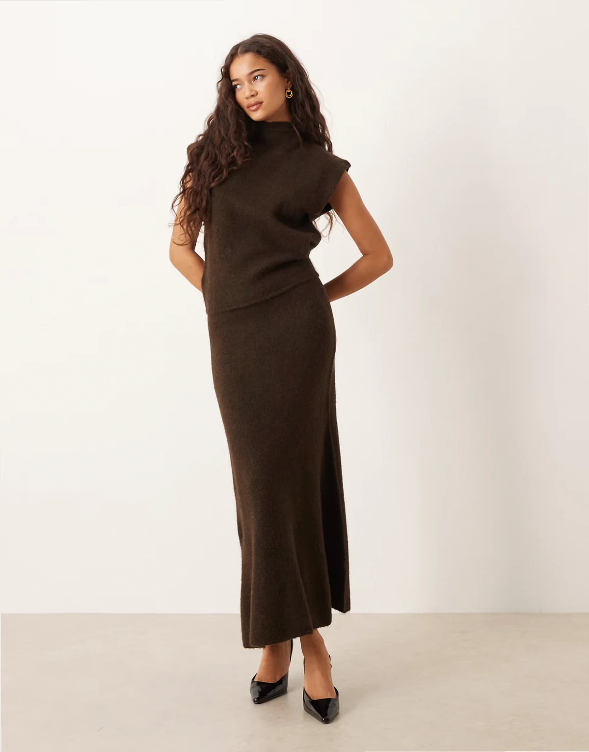 knit wool alpaca blend maxi skirt in brown - part of a set