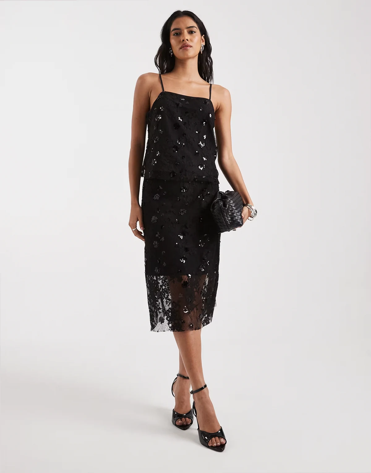 sequin detailing low waist midi skirt in black - part of a set