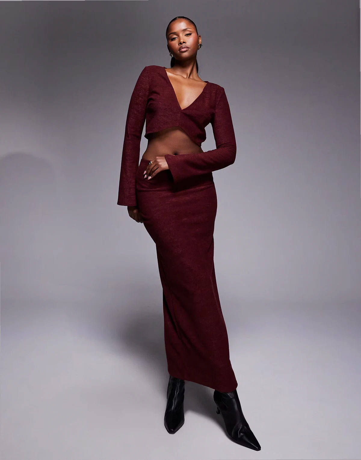 brushed rib knit column maxi skirt in burgundy - part of a set