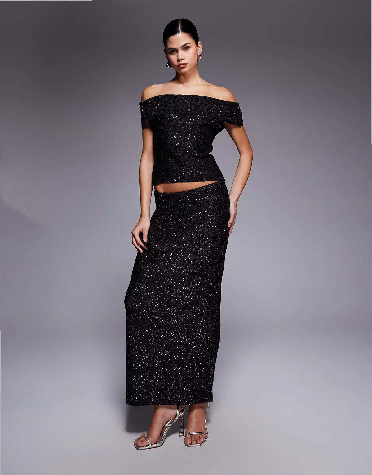 exclusive off the shoulder sequin knit maxi skirt in black - part of a set