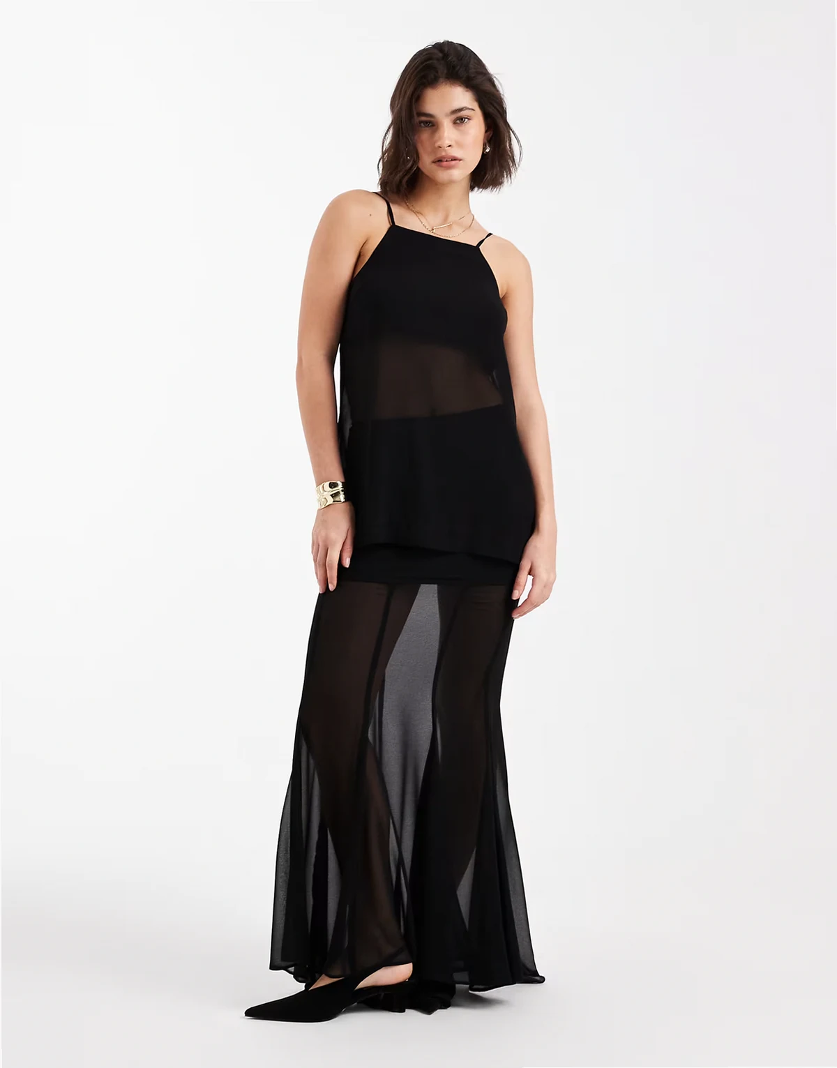 sheer overlay fishtail maxi skirt in black - part of a set