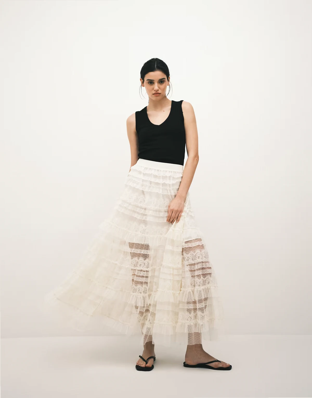 arlea lace tulle ruffled maxi skirt in antique white