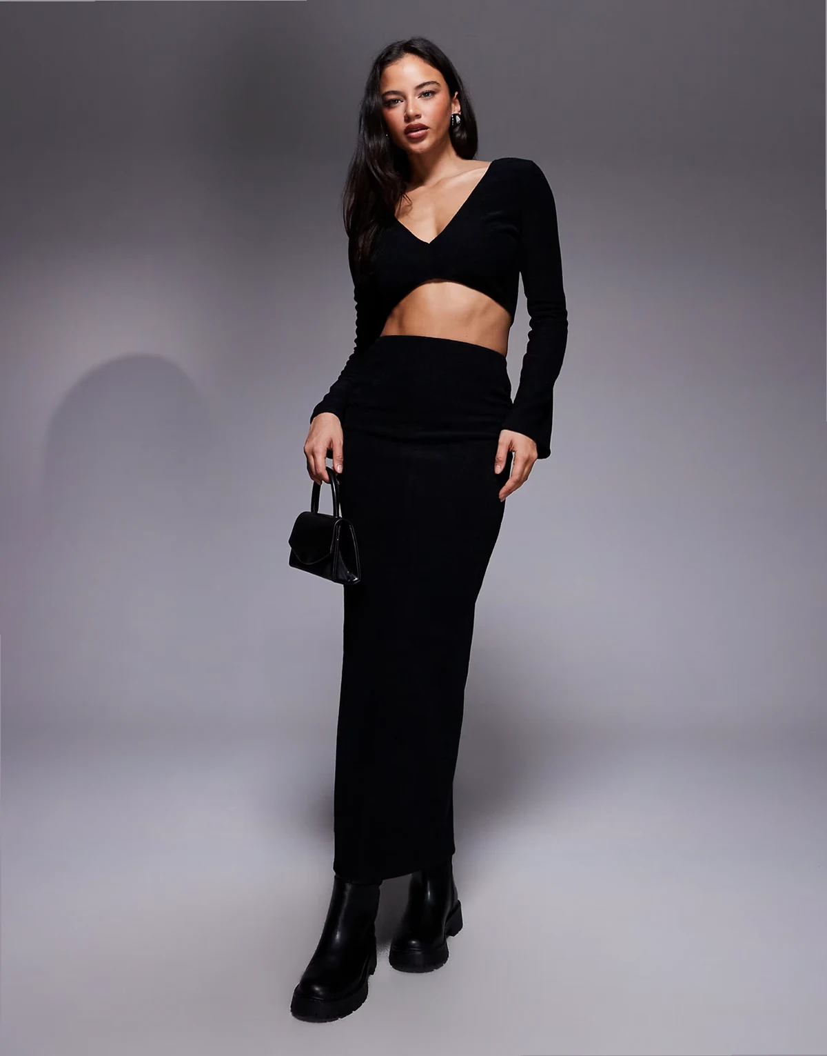 brushed rib knit column maxi skirt in black - part of a set