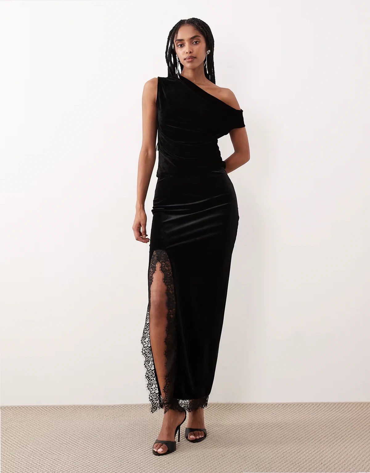 velvet maxi skirt with lace side slit in black - part of a set
